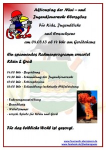 Plakat zum Aktionstag der Mini- und Jugendfeuerwehr Ebersgöns am 04.05.13 am Gerätehaus
