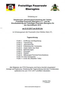 Einladung und Tagesordnung zur Jahreshauptversammlung der Feuerwehr Ebersgöns